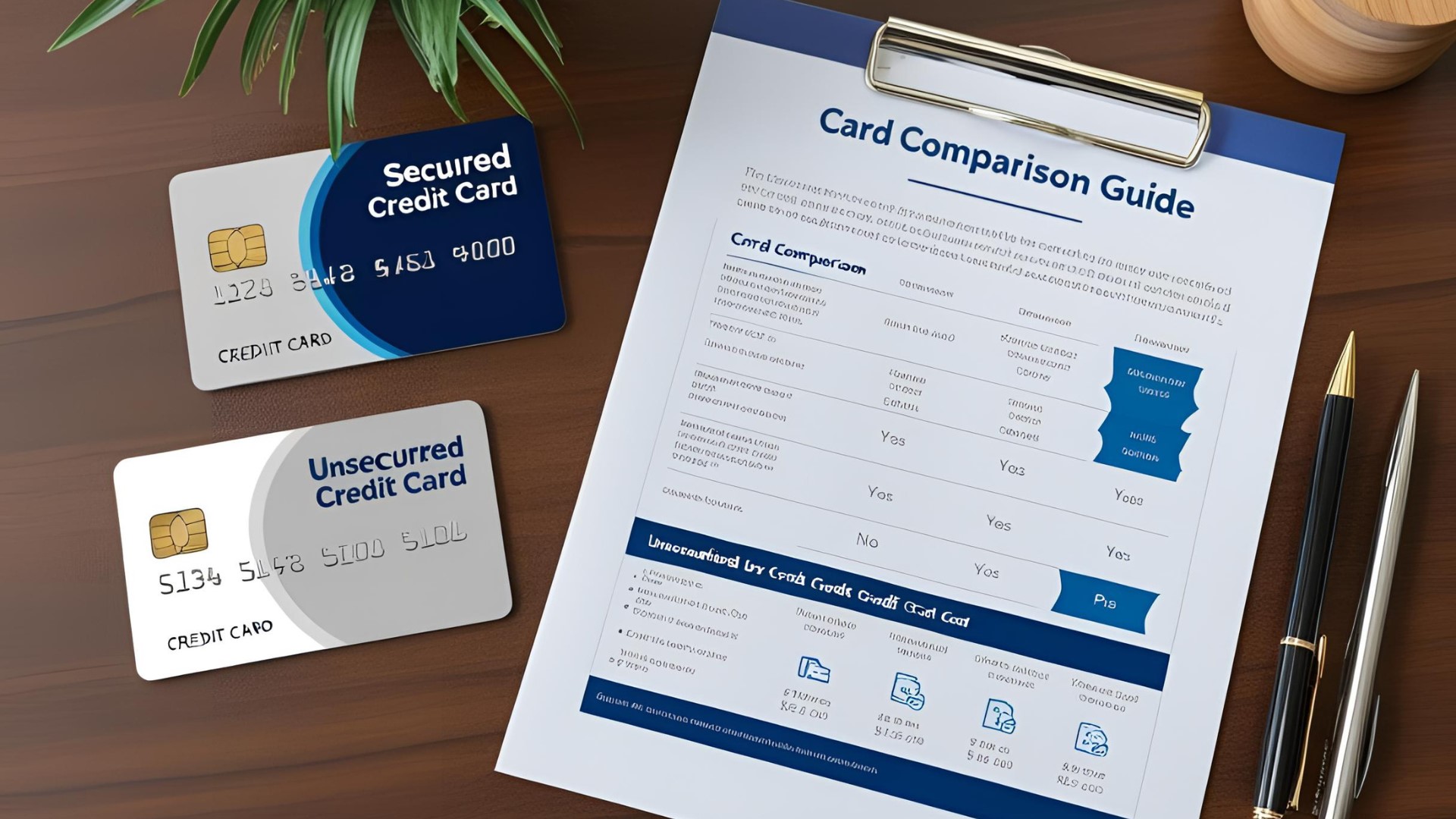 Blue secured and grey unsecured credit cards displayed beside a clipboard with a card comparison guide